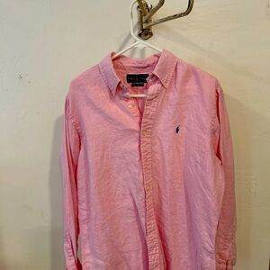 Ralph Lauren blue label classic fit, button-down, pink linen shirt, size, large.